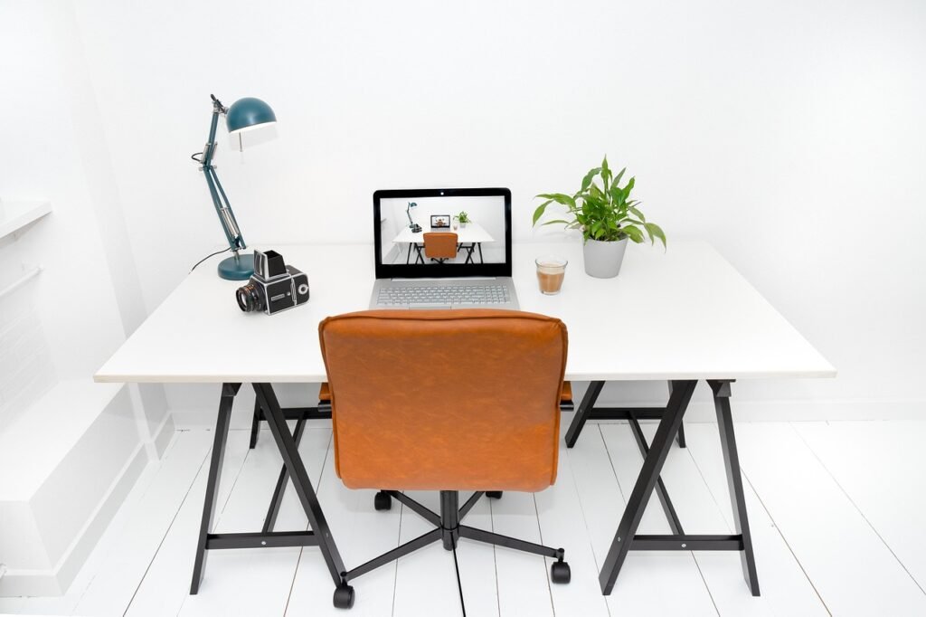 work space, desk, computer, laptop, camera, plant, office, coffee, business, internet, digital, notebook, marketing, table, communication, writing, study, virtual, work at home, chair